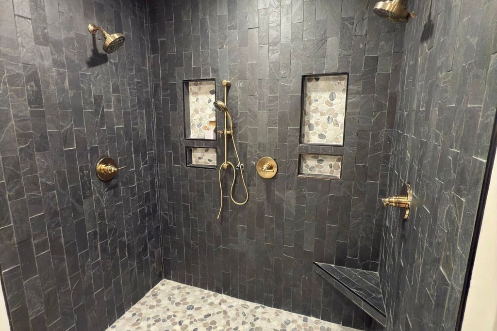 Slate Shower (Champagne Bronze + Niches + Pebble Bench)